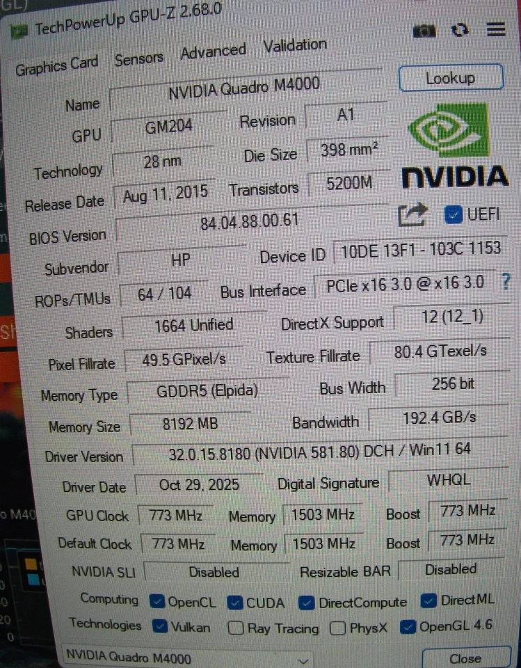 HP NVIDIA Quadro M4000 8GB GDDR5 PCIe Graphics Card P/N: 818867-001 Tested - Image 1 of 4