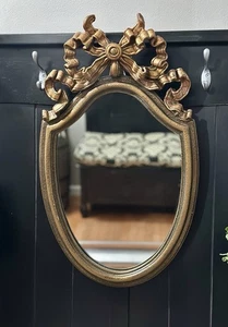 Antique French Ribbon Crest Gold Framed Oval Wall Mirror 23" Baroque/Rococo - Picture 1 of 23