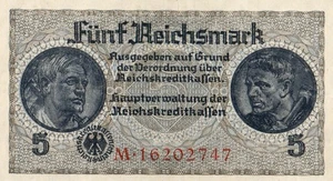 Genuine 5 Reichsmark 1939-1945 nazi banknote WW II very fine c swastika 8 no !!! - Picture 1 of 2