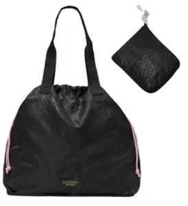 VICTORIA'S SECRET LIGHTWEIGHT PACKABLE OVERNIGHT TOTE BAG BLACK PINK 18"x16" NWT - Picture 1 of 5