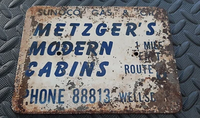 SUNOCO GAS OIL METZGERS CABINS RT 6 PA. WELLSBORO ROAD 1930s SIGN 100% ORIGINAL - Image 1 of 4