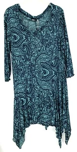 NWT Kaktus Womens Large Sheer Stretch Blue Navy Paisley Asymmetrical Hem Tunic - Picture 1 of 5