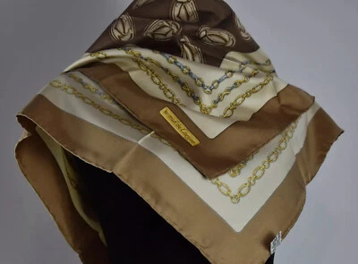 New Cartier Must de Cartier Paris Silk Scarf Brown Gold Beige Logo Chain Italy - Image 1 of 4