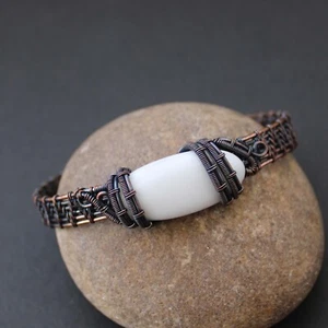 White Onyx Bangle Cuff Copper Wire Wrapped Bangle Cuff Bracelet Handmade Jewelry - Picture 1 of 9