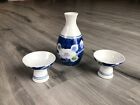Porcelain Sake Set Design Blue White Floral Hand Painted Japan 2 cups 1 bottle
