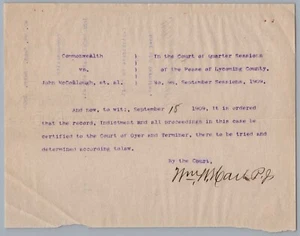1909 Lycoming County Pennsylvania Williamsport Antique Court Document McCollough - Picture 1 of 2