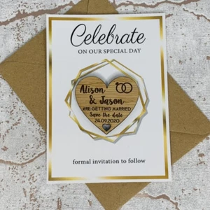Personalised Oak Wooden Wedding Save The Date Heart Fridge Magnet, Card Invite - Picture 1 of 2