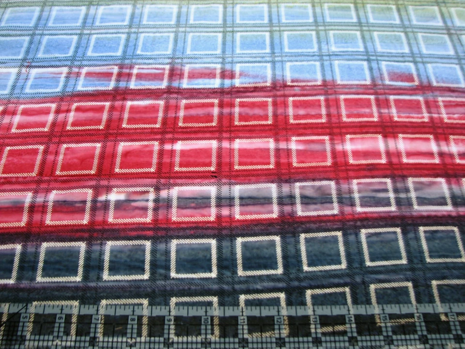 3 Yards Cotton Fabric - Northcott Banyan Batik Kilts & Quilts Squares Blu Rd Grn - Image 1 of 1