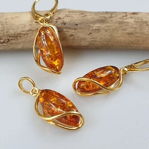 Pendientes ámbar colgante cadena conjunto de joyas chapado en oro plata 925 regalo mujer - Imagen 1 de 7