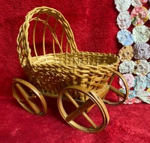 Woven Small Baby Bassinette Buggy with Wheels That Roll Toy or Plant Holder - Picture 1 of 4