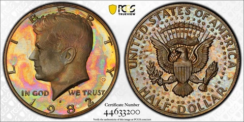 True Rainbow Toned PCGS PR65 DCAM 1982 Proof Kennedy Half Dollar 50c Trueview PQ Cover