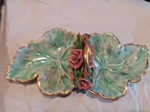 Green Leaf Candy Dishes w/Rses & Gold Handle - Picture 1 of 2