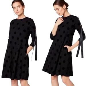 NWT Caara Women's Black Textured Polka Dot D-Ring Sleeve Shift Dress Size M - Picture 1 of 16