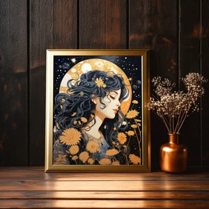 Mystical Girl with Full Moon and Flowers Print, Celestial Floral Dark Art - Picture 1 of 4