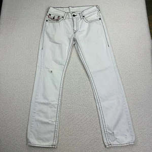 True Religion Straight Jeans Herren Größe 32x34 weiß dicke Nähte bestickte Klappe - Bild 1 von 13