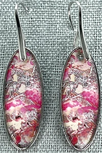 Earrings Silver Tone Pink & Gray Rhodonite Flat Stone Oval Shape with 2" Drop - Picture 1 of 10
