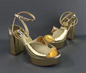 Miu Miu Auth NWOB Gold Metallic Platform Sandal Heel Shoe 38 8 - Picture 1 of 6