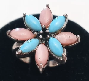 Anello vintage argento 925 fiore gemme opale rosa turchese pietre preziose 15 - Foto 1 di 11