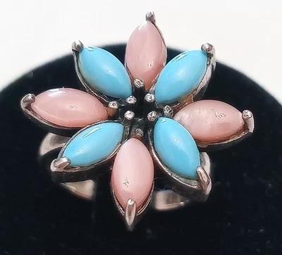 Anello vintage argento 925 fiore gemme opale rosa turchese pietre preziose 15 - Immagine 1 di 4