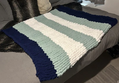 Chunky Hand Knitted Striped Blue, White And Turquoise Blanket - Image 1 of 3