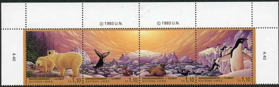 United Nations 1993 ENVIRONMENT Polar Bear Penguins se-tenant  top border strip  - Image 1 of 1