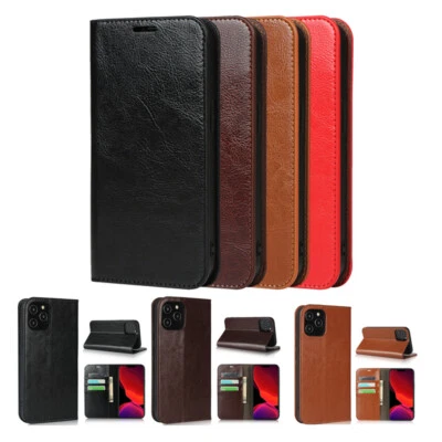 Genuine Real Cow Leather Flip Wallet Case Cover For iPhone 16 14 15 12 11 13 8 - Image 1 of 4