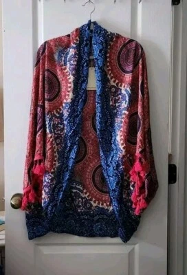 Cárdigan Jodifl Mujer Kimono Frente Abierto Azul Rosa Rayón Borlas Fluido Boho S Foto 1 de 4