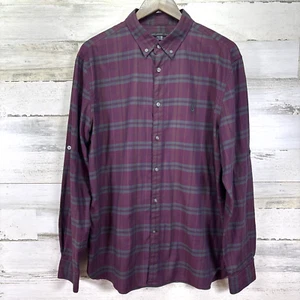 John Varvatos Mens Burgundy Plaid Roll Tab Long Slv Button Dn Shirt Size L - Picture 1 of 12