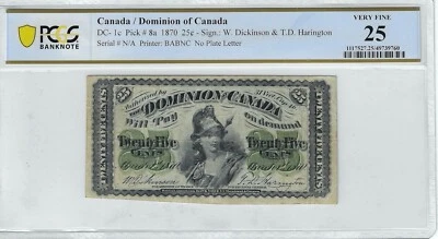 1870 Dominion of Canada ¢25 DC-1c PCGS VF-25 Plain No Plate Letter - Image 1 of 2
