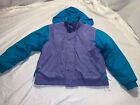 VINTAGE RETRO WOMENS SPALDING SPORT BLUE AND PURPLE WINTER COAT WITH HOOD LARGE