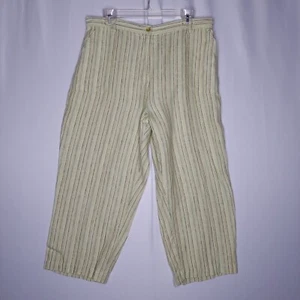 JM Collection Crop Linen Pants Women 16 Green Stripe Straight Button Zip Coastal - Picture 1 of 10