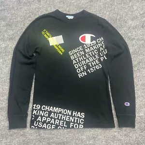 Vintage Champion Long Sleeve Shirt Mens Small Black All Over Print Logo Text - Picture 1 of 10