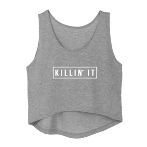 Women Graphic Sleeveless Tank Crop Top Teen Girls Cute Gym Tee Shirt Grey Large - Picture 1 of 5
