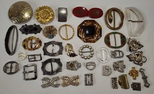 36 Vintage Belt Buckle Scarf Slide Rhinestone Glass Plastic Silver Gold MOP Lot - Picture 1 of 16