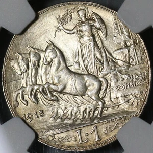 1913 NGC MS 65 Italy 1 Lira Horses & Chariot Silver Mint State Coin (21042002C) - Picture 1 of 7