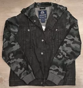 New Men’s American Rag Black Denim Jacket With Camouflage Hood NWT - Picture 1 of 9