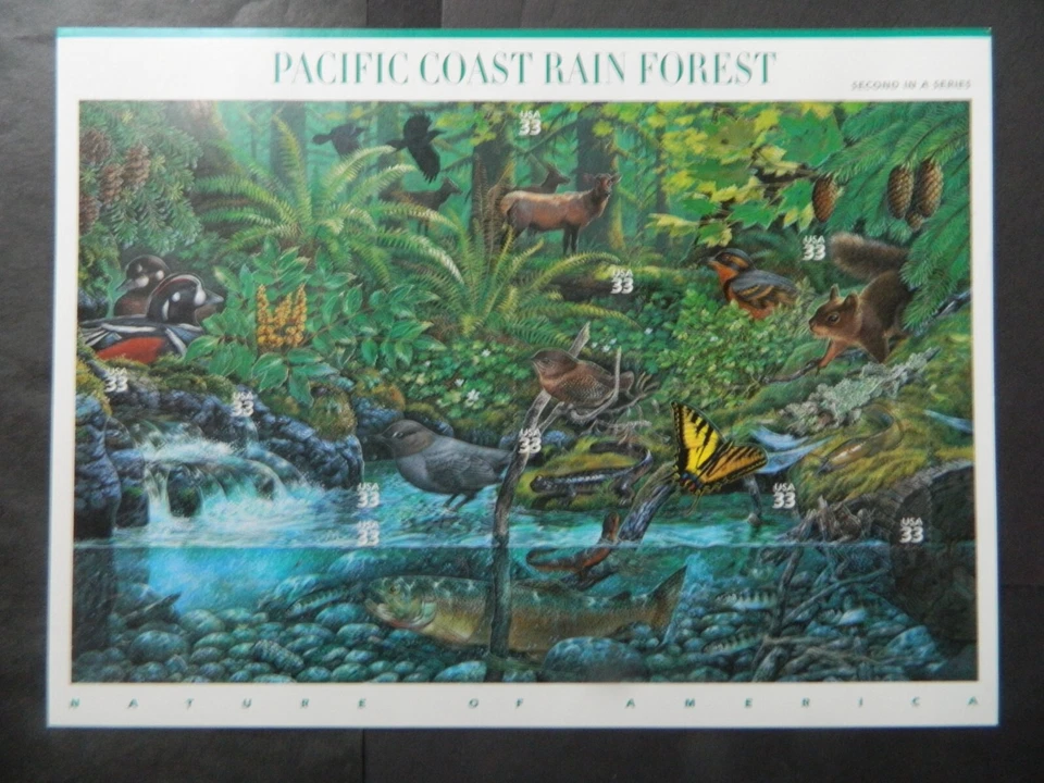 US SC# 3378  PACIFIC COAST RAIN FOREST,  PANE OF 10, MNH WITH MOUNT - Image 1 of 1