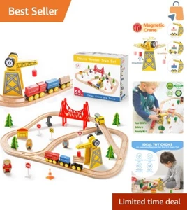 Perfect Gift: 55-Piece Wooden Train Set with Crane - Engaging Play for Kids - Picture 1 of 13