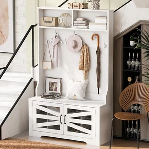 Hall Tree W/7 Hooks,Entryway Bench W/Coat Rack,3-in-1 Design,Adjustable Shelves - Picture 1 of 24