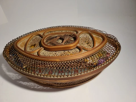 Victorian Intricate Woven Sewing Needlework Basket with contents Cover
