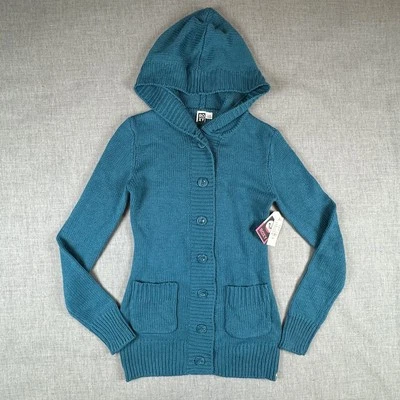 Roxy Knit Cardigan Womens Medium Blue Hooded Button Up Chunky Sweater NWT - Image 1 of 4