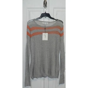 John + Jenn Lightweight Crewneck Sheer Inset Stripe Sweater in Gray/Orange $110 - Picture 1 of 6