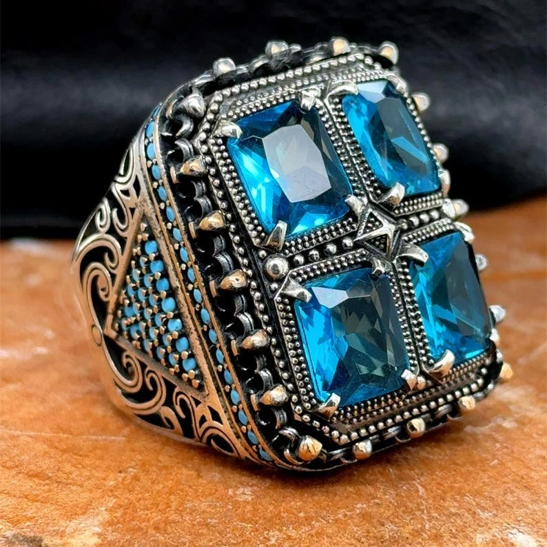 Anillo de plata aguamarina para hombre turco hecho a mano piedras preciosas azules anillo grande llamativo Foto 1 de 4