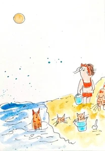 NEW! ACEO original handmade watercolor portrait little girl, baby ,cats infancy - Picture 1 of 5
