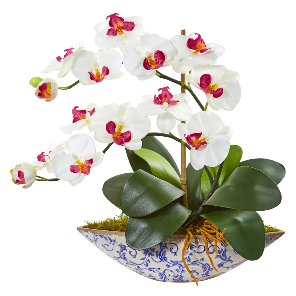 Nearly Natural Phalaenopsis Orchid Artificial Arrangement In Vase White 16"H - Image 1 of 1