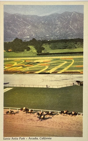 Vintage Postcard- Santa Anita Park, Arcadia California - 1940s Linen PC Derby Cover