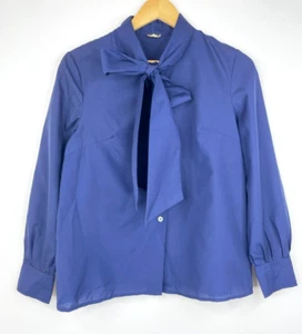 RHONE POULENC TEXTILE Vintage Women Navy Blue Pussy Bow Blouse Size 8 Business - Picture 1 of 5