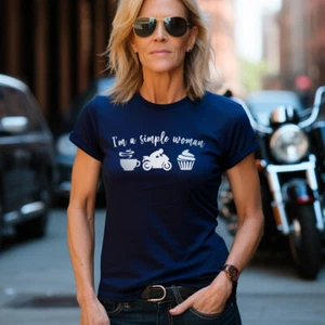 Damen-T-Shirt I'm A Simple Woman Kaffee Motorrad Kuchen Geburtstag Biker Geschenk Top - Bild 1 von 1