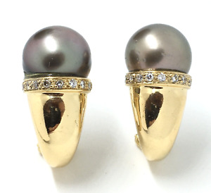 Antonini Italy Diamond 12.2mm Pearl 18k Yellow Gold Clip Omega Back Earrings