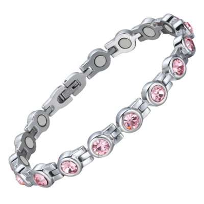 GAUSSTHERAPY Damas Laguna Pulsera Magnética de Cristal Rosa + Caja de Regalo y Herramienta Gratuita de Remoción de Eslabones